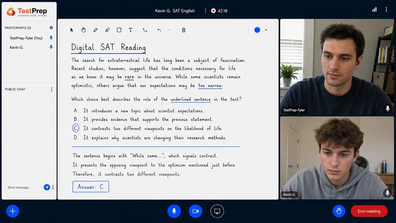 A one-to-one SAT lesson in the TestPrep online classroom: a Digital SAT Reading question on the role of an underlined sentence, worked through on the shared whiteboard with the tutor and the student on camera