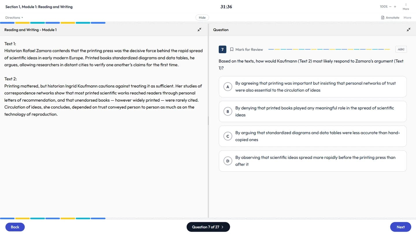 The TestPrep SAT practice test simulator: Reading and Writing module 1, question 7 of 27, with the countdown timer, paired passages and four answer choices