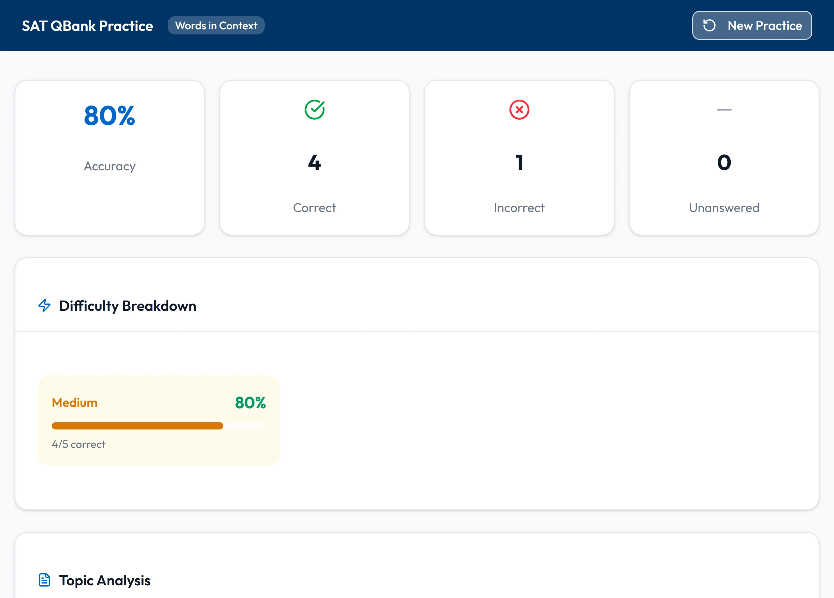 Question bank results screen showing accuracy, correct, incorrect and unanswered counts and a difficulty breakdown