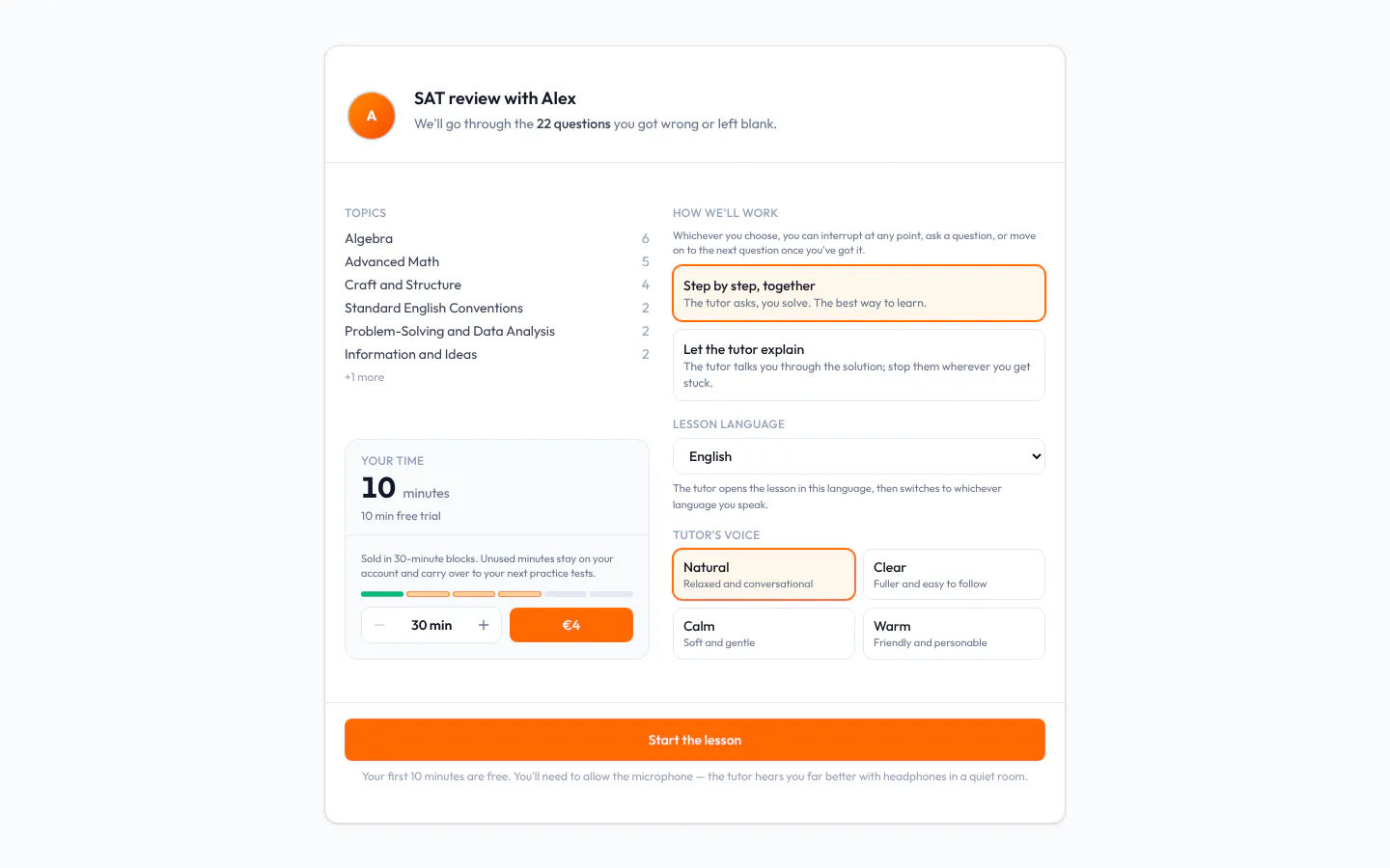 AI Tutor start screen: how many questions there are to go over and their topics, the time left, and the choice of lesson mode, language and voice.